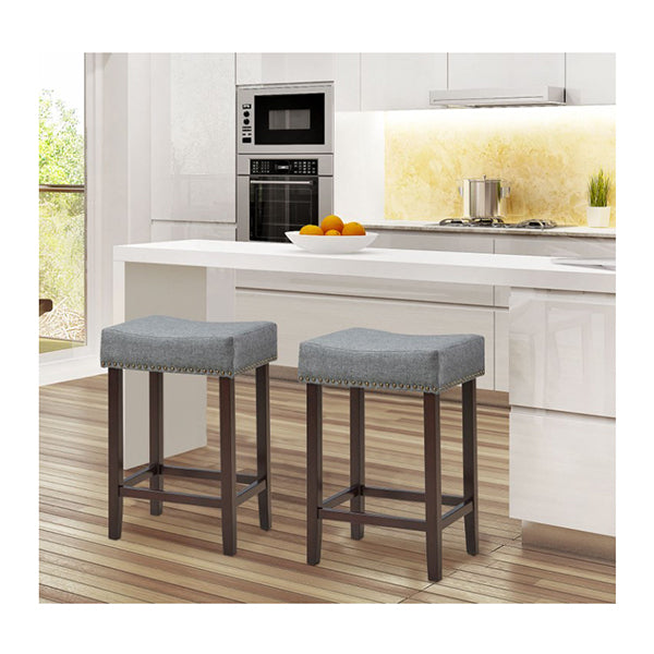 Set Of 2 Saddle Barstools With Backless Nailhead Fabric Seat Grey