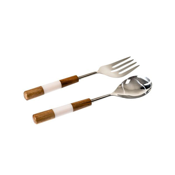 Duo Of Natural Stripe Salad Servers With Wood And Marble Fusion