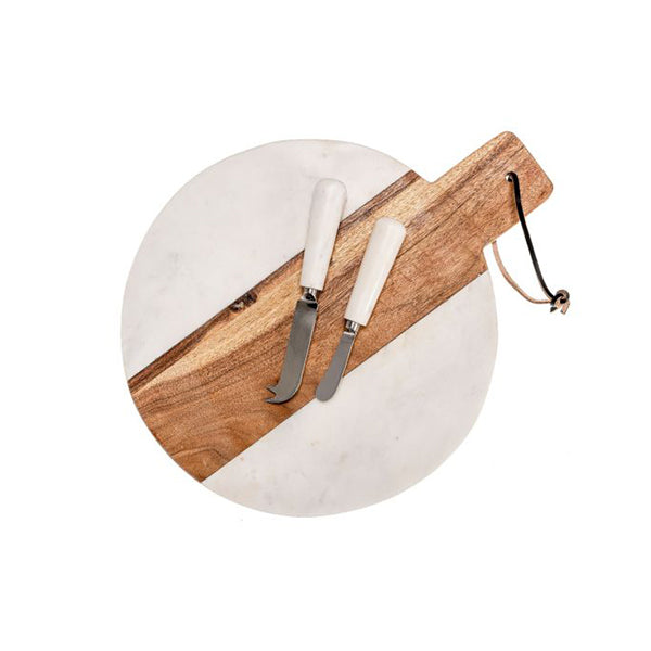 Set Of White Marble Board With Acacia Wood Cheese And Pate Knife