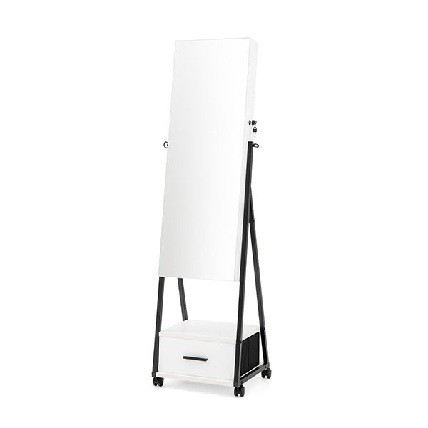 Standing Mirror Jewelry Cabinet With Drawer And Wheels