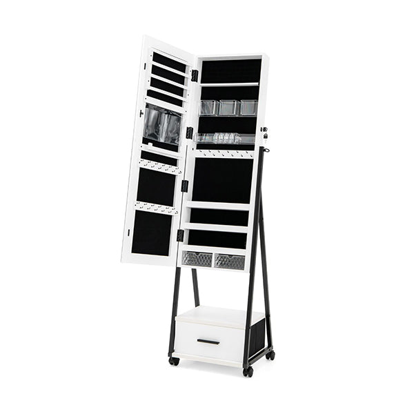 Standing Mirror Jewelry Cabinet With Drawer And Wheels