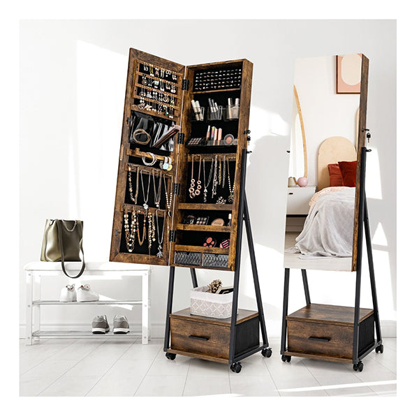 Standing Mirror Jewelry Cabinet With Drawer And Wheels