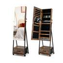 Standing Mirror Jewelry Cabinet With Drawer And Wheels
