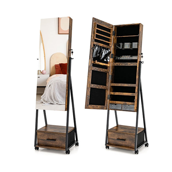 Standing Mirror Jewelry Cabinet With Drawer And Wheels