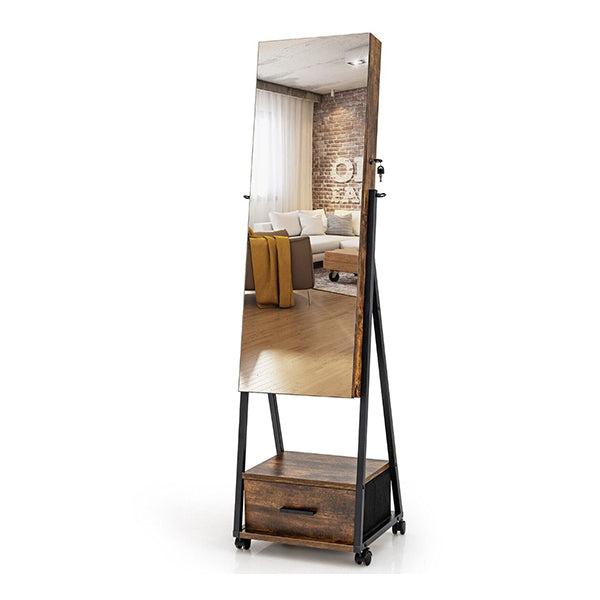 Standing Mirror Jewelry Cabinet With Drawer And Wheels