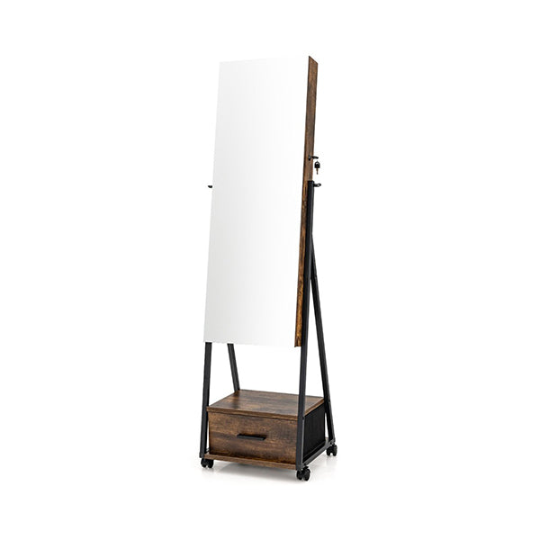 Standing Mirror Jewelry Cabinet With Drawer And Wheels