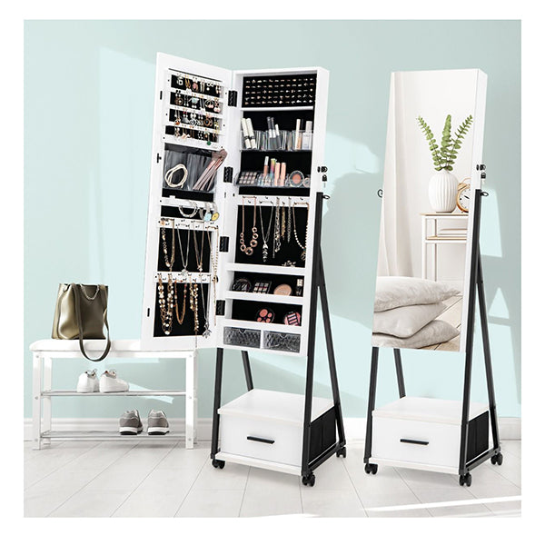Standing Mirror Jewelry Cabinet With Drawer And Wheels
