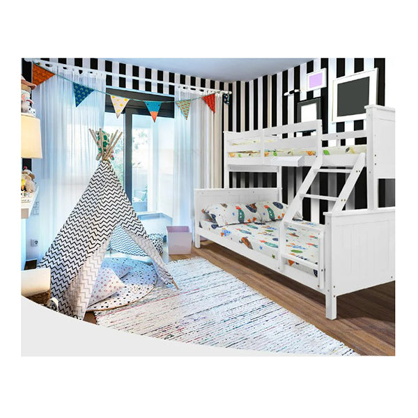 Triple Wooden Single Over Double Bunk Bed Frame For Kids Convertible Design White