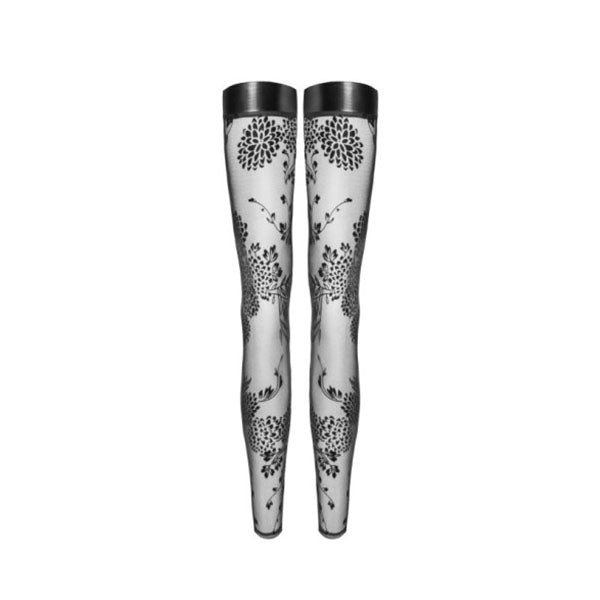 Tulle Stockings Patterned Flock Embroidery Power Wetlook Band Large
