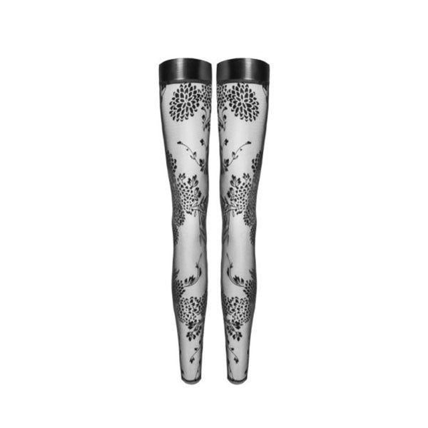 Tulle Stockings Patterned Flock Embroidery Power Wetlook Band Large