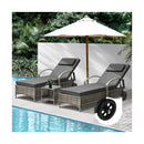 2x Wheeled Sun Lounger & Table Outdoor Set Grey
