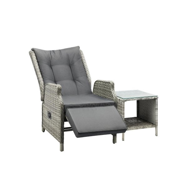 Outoodr Recliner Lounge & Table Set Wicker Grey