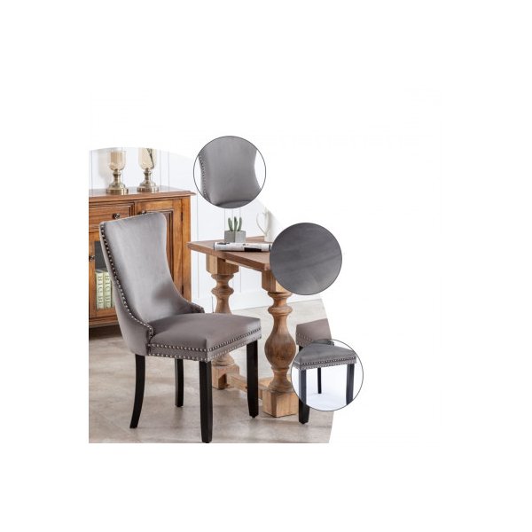 2X Velvet Upholstered Dining Chairs Tufted Wingback Studs Trim Gray
