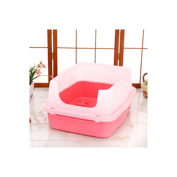 Large Deep Cat Kitty Litter Tray High Wall Pet Toilet With Scoop Pink