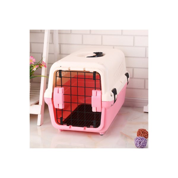 Portable Plastic Dog Cat Pet Carrier Travel Cage With Tray Pink