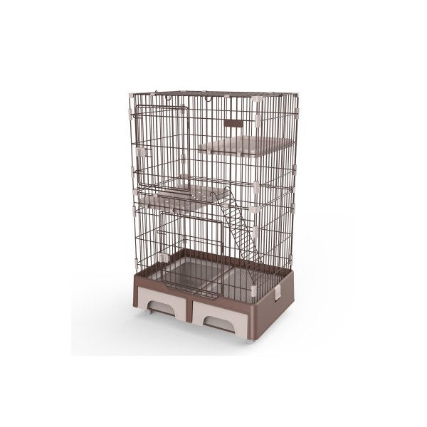 134 Cm Brown Pet 3 Level Cat Cage With Litter Tray And Storage Box
