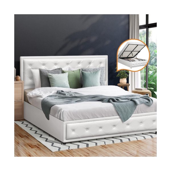 Double Bed Frame with Storage Space Gas Lift White