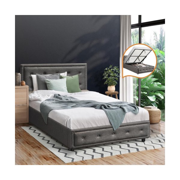 King Single Bed Frame with Storage Space Gas Lift Grey