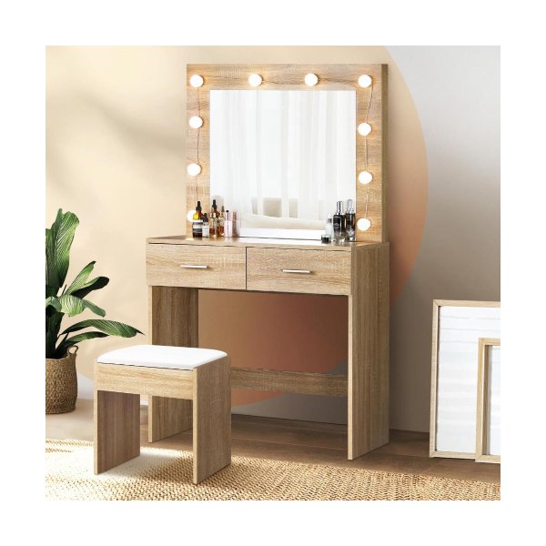 Dressing Table Stool Set Makeup Mirror 10 LED Bulbs Wooden