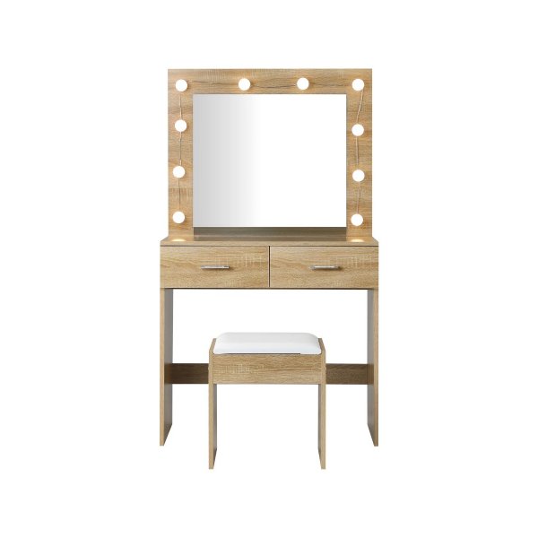 Dressing Table Stool Set Makeup Mirror 10 LED Bulbs Wooden