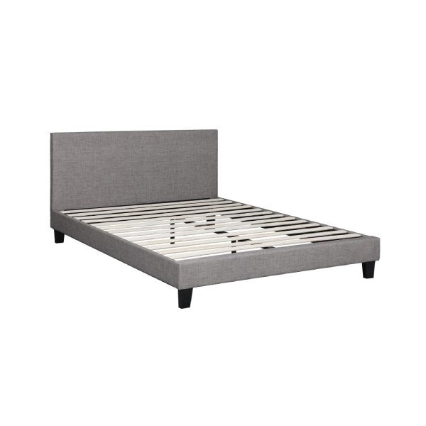 Bed Frame Queen Size Wooden Slats Grey Fabric