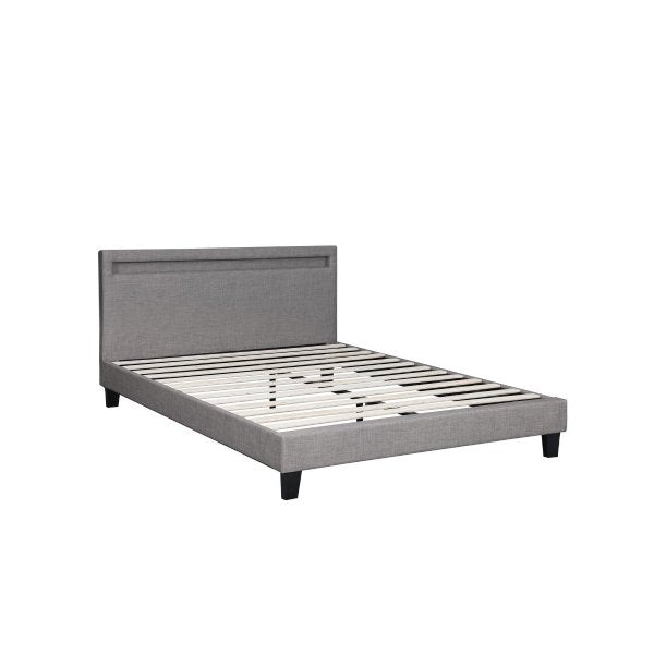Bed Frame RGB LED Queen Size Wooden Grey Fabric