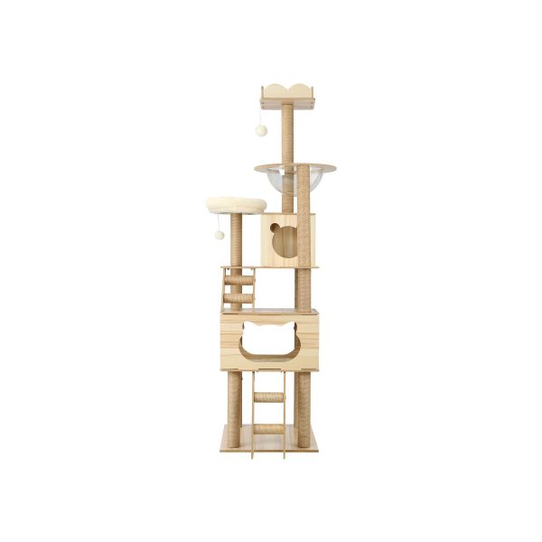 190Cm Wooden Cat Tree With Ladder Condo And Scratching Post Tower