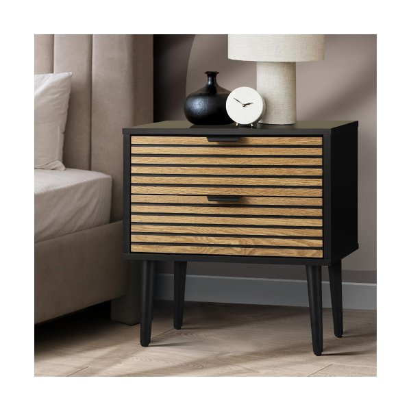 Bedside Table 2 Drawers Metal Handle Black&Wooden