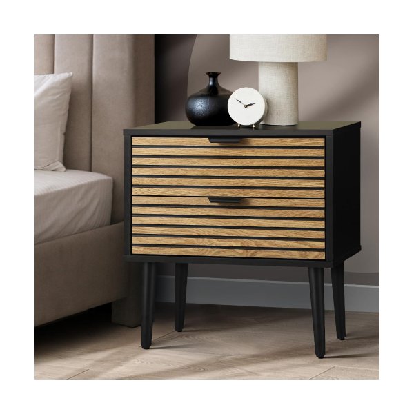 Bedside Table 2 Drawers Metal Handle Black&Wooden