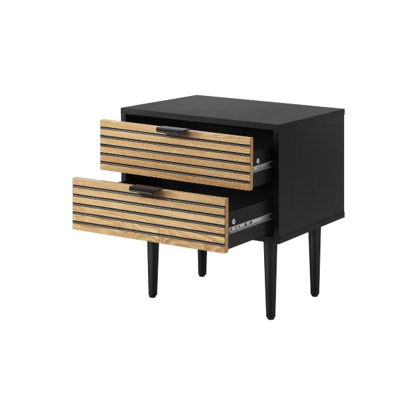 Bedside Table 2 Drawers Metal Handle Black&Wooden