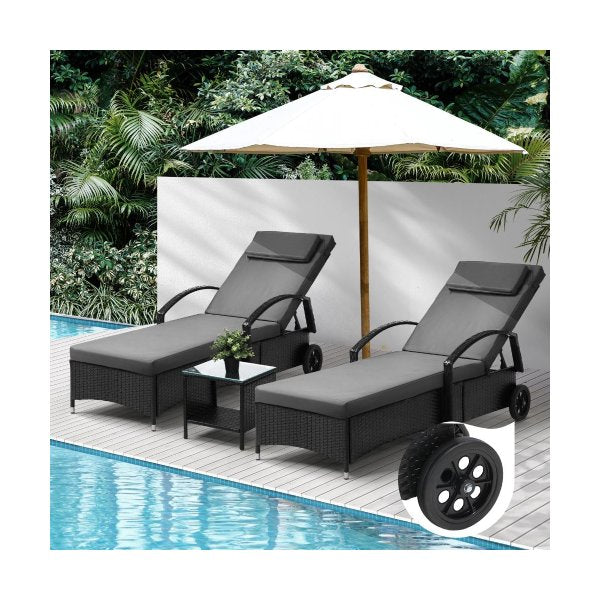 2x Wheeled Sun Lounger & Table Outdoor Set Black