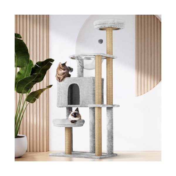 140cm Cat Tree, Grey Cat Tower Scratching Post