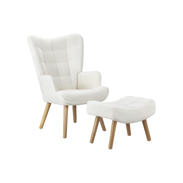 Armchair with Footstool Sherpa White