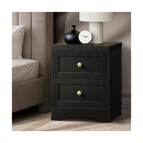 Bedside Table with Alloy Handles 2 Drawers Black