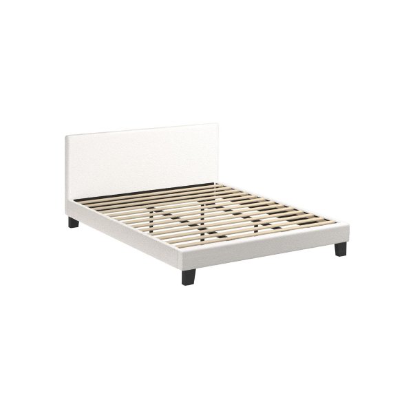 King Bed Frame Wooden Slats Boucle Fabric White