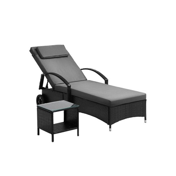 Wheeled Sun Lounger with Table Patio Set Grey&Black