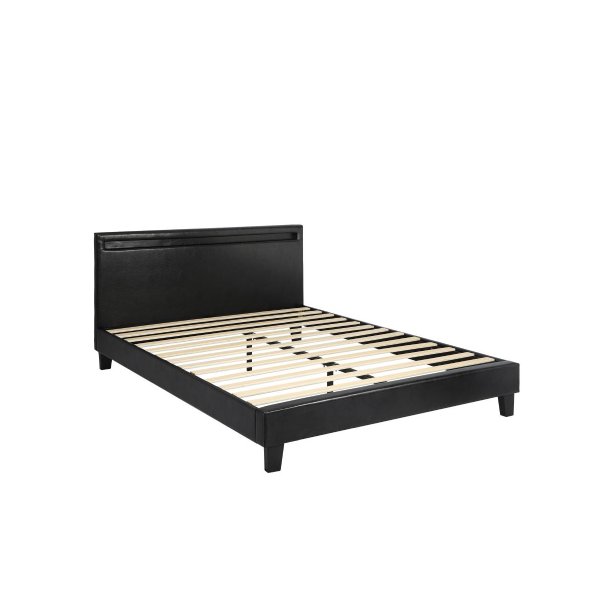 Bed Frame RGB LED Queen Size Wood Slat Leather