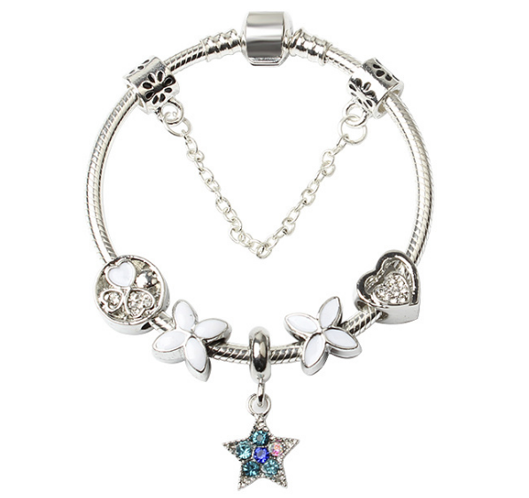 Women Silver Plated Bracelet Snake Chain With Classic Bead Barrel Clasp And Blue Star Pendant(18Cm)