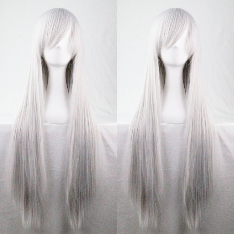 New 80Cm Straight Sleek Long Full Hair Wigs W Side Bangs Cosplay Costume Womens, Silver
