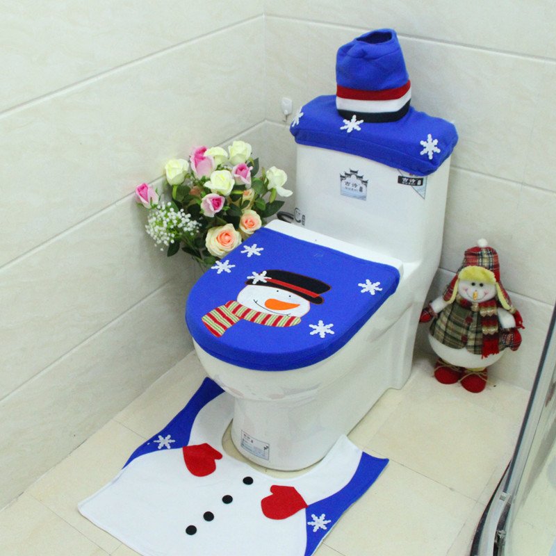 4Pcs Christmas Toilet Seat Cover Rug Bathroom Set Santa Snowman Xmas Home Décor, Snowman W Snowflakes