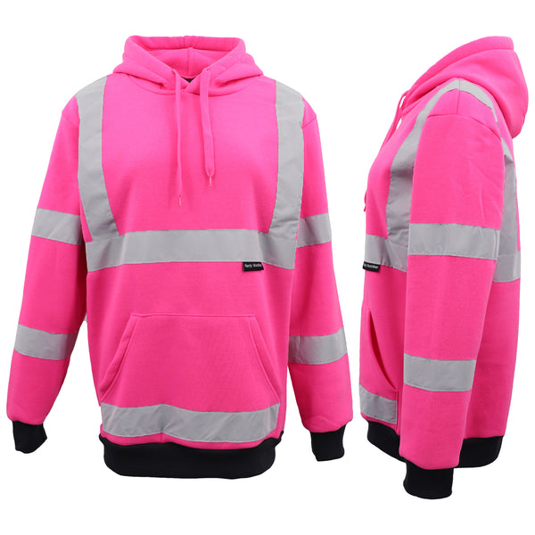 Hi Vis Hooded Safety Jumper Hoodie Sweatshirt Tradie Workwear Fleece Jacket Coat, Fluro Pink, 2Xl