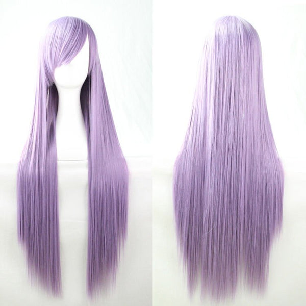 New 80Cm Straight Sleek Long Full Hair Wigs W Side Bangs Cosplay Costume Womens, Light Purple