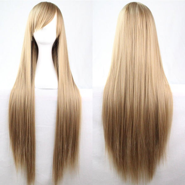 New 80Cm Straight Sleek Long Full Hair Wigs W Side Bangs Cosplay Costume Womens, Medium Blonde