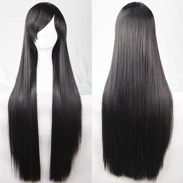 New 80Cm Straight Sleek Long Full Hair Wigs W Side Bangs Cosplay Costume Womens, Black