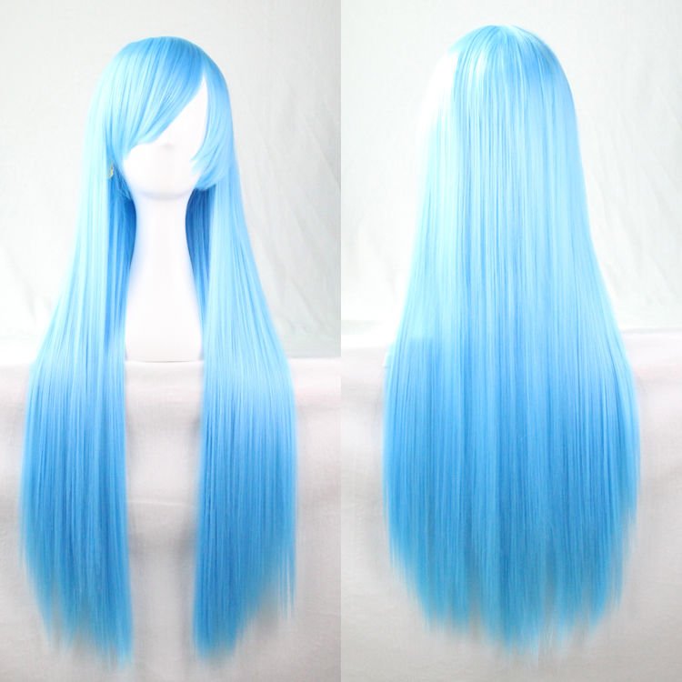 New 80Cm Straight Sleek Long Full Hair Wigs W Side Bangs Cosplay Costume Womens, Aqua