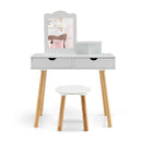 Wood Vanity Table Stool With 1 Rectangular Mirror And 2 Large Drawers