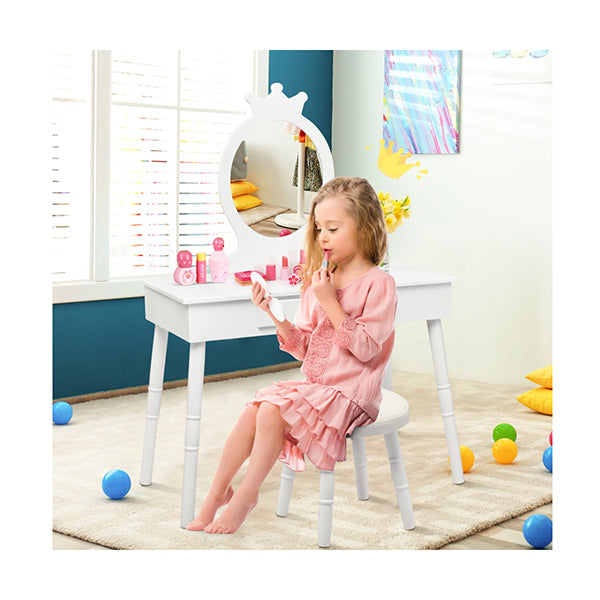 Vanity Makeup Table Set with Real Mirror for Little Girls White