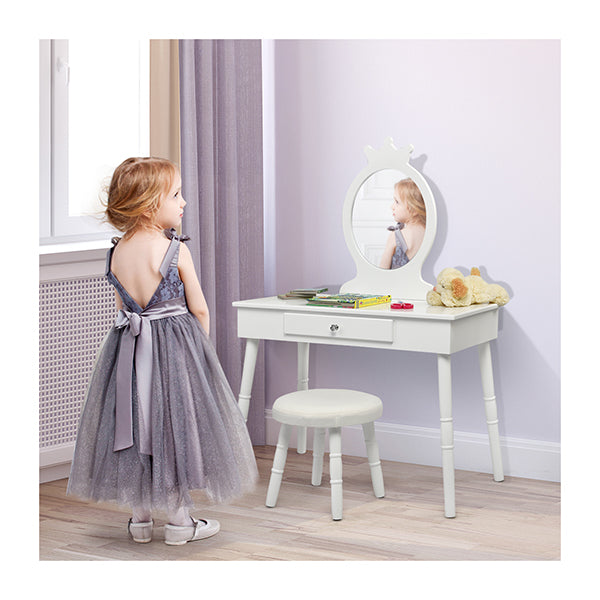 Vanity Makeup Table Set with Real Mirror for Little Girls White