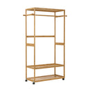 Clothes Rack Open Wardrobe Bamboo 2 Shelves Wheels