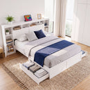 Queen Bed Frame with Storage Bookcase Headboard, USB & Type-C Ports & Drawers White